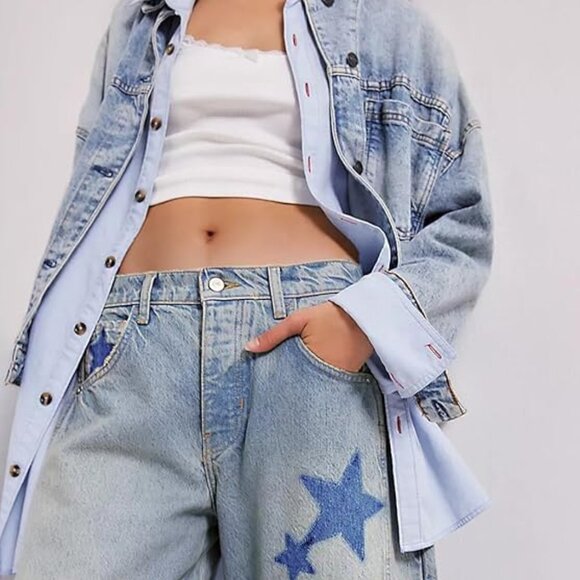 Astronomy Domain Star Printed Boyfriend Retro Horseshoe Jeans Light Blue - Picture 9 of 9